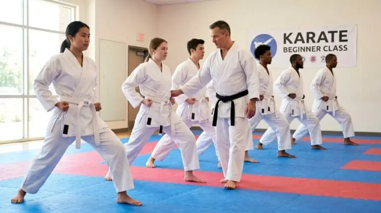 Instructor adjusting student stance during beginner karate classes