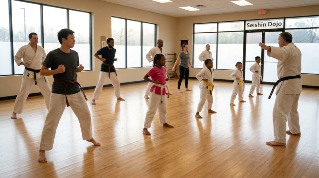 Mixed-age students practicing stances in beginner karate classes