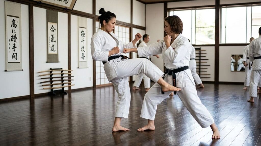 Students practicing partner knee drill with martial arts etiquette