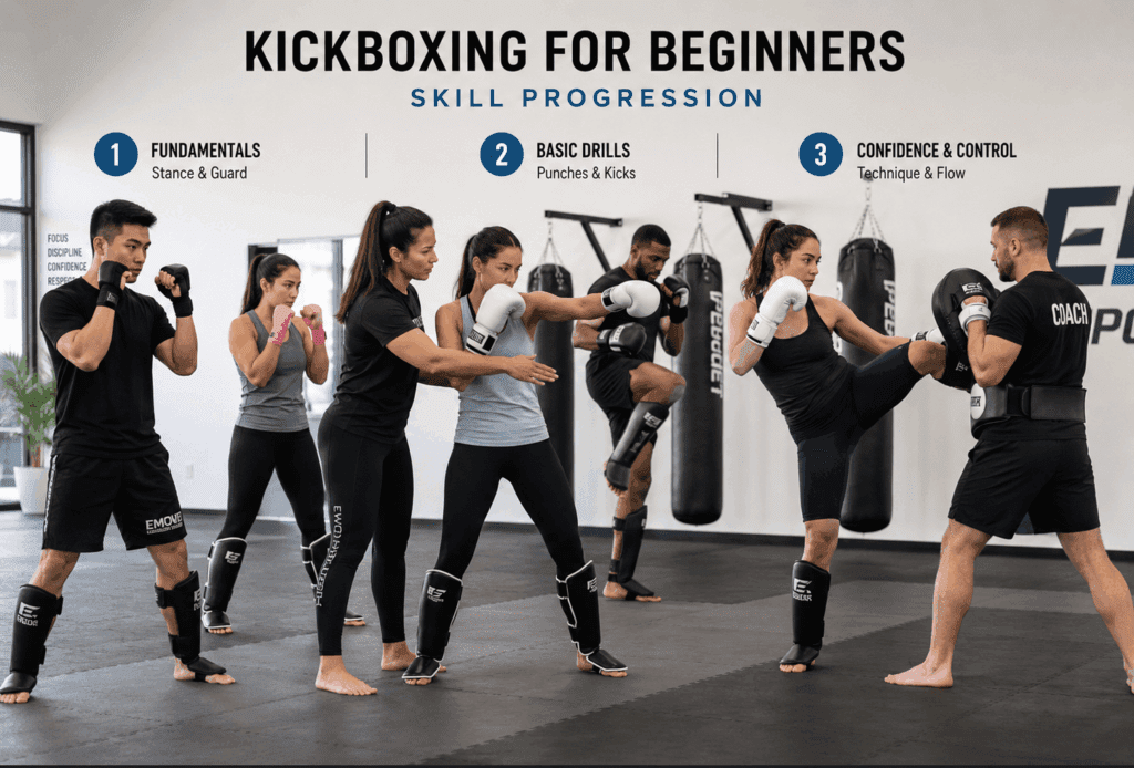 Students practice staged drills showing kickboxing classes for beginners skill progression