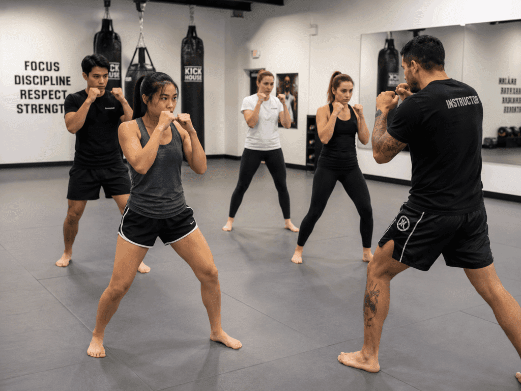 Beginner students learn proper stance during kickboxing basics class