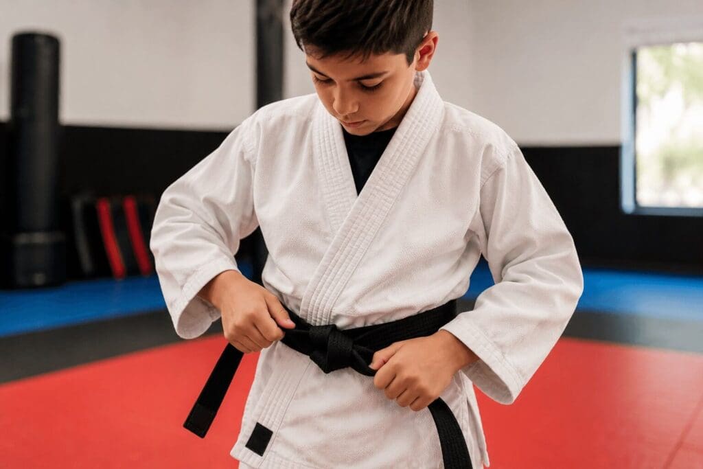 Student tying a black belt while learning the martial arts belt system