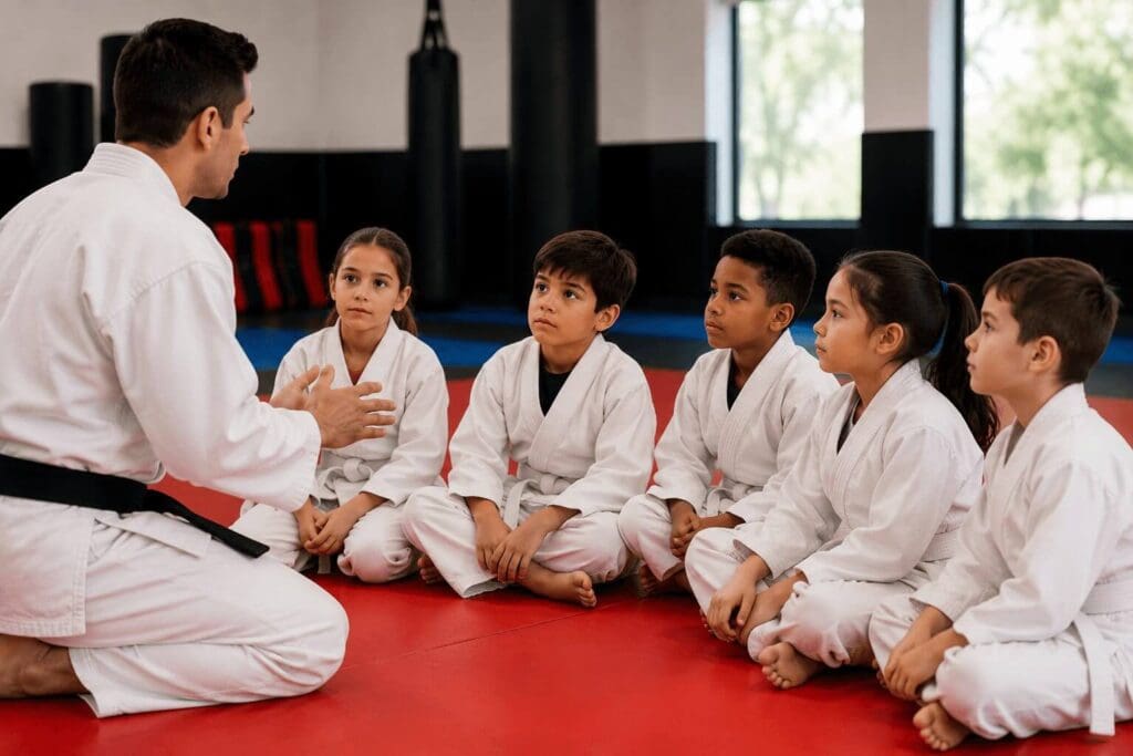 Instructor explaining what to expect in martial arts to seated young students