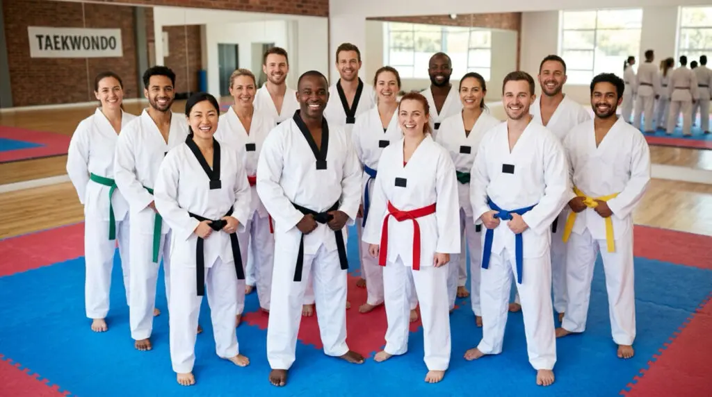 Adults practicing Taekwondo techniques during a martial arts class.