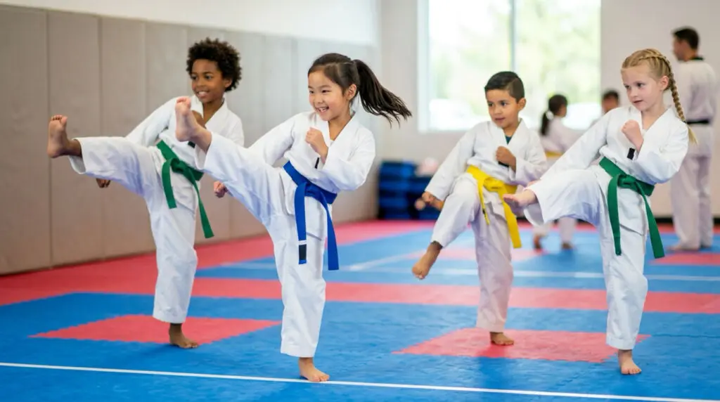 Kids practicing Taekwondo techniques during a martial arts class