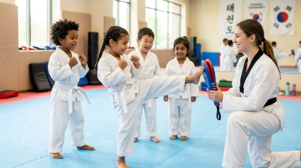 Preschool children practicing Taekwondo techniques during a martial arts class